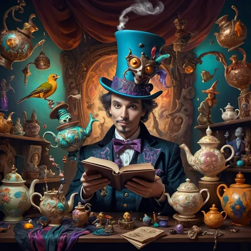 Prompt: (vibrant psychedelic still life), portrait of a magician jack-in-the-box man, surrounded by whimsical teapots and enchanting magical items, coming to life, playful ambiance, lively colors, an open book in front of him, surrealistic elements, dreamlike atmosphere, richly detailed background, (spectacular color gradients), ultra-detailed, eye-catching composition, high-quality artwork.