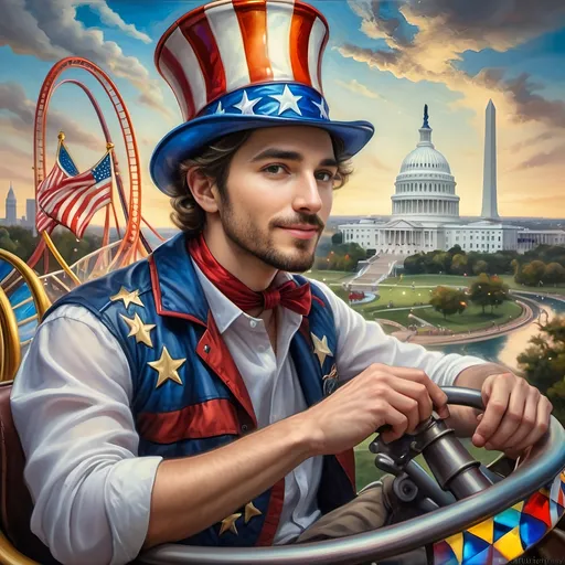 Prompt: (A Seven Wonders Art Glass Studio masterpiece) painting of a man wearing a patriotic hat, (thrilling pose) riding the Freedom rollercoaster, (vibrant colors), scenic background of Freedom Park in D.C., (dynamic movement), celebrating freedom, eternal spark of joy, whimsical ambiance, soft warm lighting, highly detailed, clarity, engaging and joyful atmosphere, surrounded by delighted visitors, landmarks in the distance.