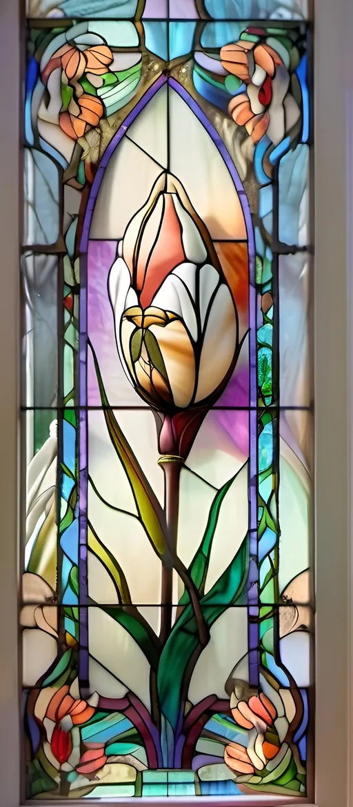 Prompt: A Seven Wonders Art Glass Studio stained glass window with a Art Deco designed tulip flower in it's center and a stem in the middle of the window, Brothers Hildebrandt, arts and crafts movement, modern art deco, an art deco painting