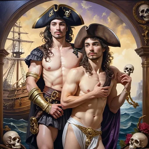 Prompt: A 7 Wonders Art Glass Studio Renaissance oil painted masterpiece (Honoring Nuit) of a pirate man and lover dressed in pirate costume of the period if Conquistadors standing next to each other in front of a ship with a skull, David Macaulay, fantasy art, highly detailed oil painting, an oil painting