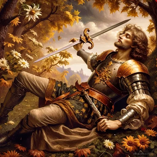 Prompt: Renaissance painting of a (knight laying on the ground), gripping a (sword in hand), surrounded by (daisies in the foreground), characterized by (misc-macabre style), (dark color scheme), inspired by (Anne Stokes), (fantasy art), (storybook illustration), moody ambiance, vibrant detailed textures, (ultra-detailed), dramatic shadows, rich depth, a hauntingly beautiful scene.