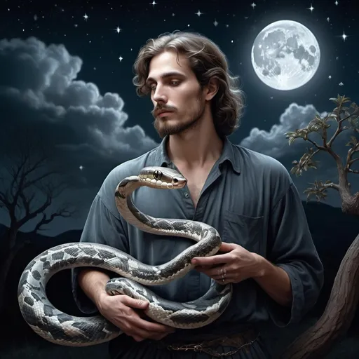 Prompt: (ultra realistic illustration), man holding a snake, (Adam Manyoki), set against a breathtaking night sky, twinkling stars, full moon casting a silver glow, inspired by pre-Raphaelitism, dramatic contrasts, intricate details, ethereal ambiance, perfect for an album cover, haunting yet captivating, rich textures, HD quality, seamless blend of elements.