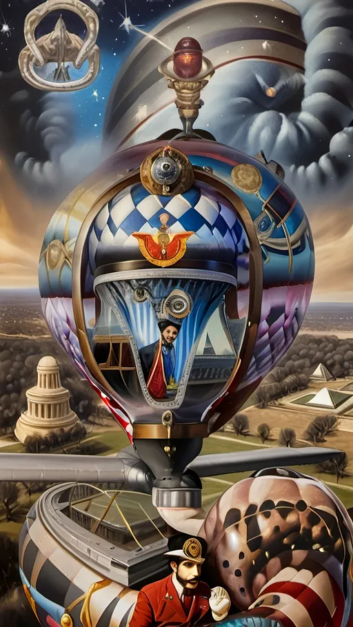 Prompt: A masterpiece oil painting of “7 Wonders Art Glass Studio” hot air balloon with a painting of a snake on it and a sky background with stars and planets honoring Nuit and Horus. Flying over Great Pyramids honoring Thoth.