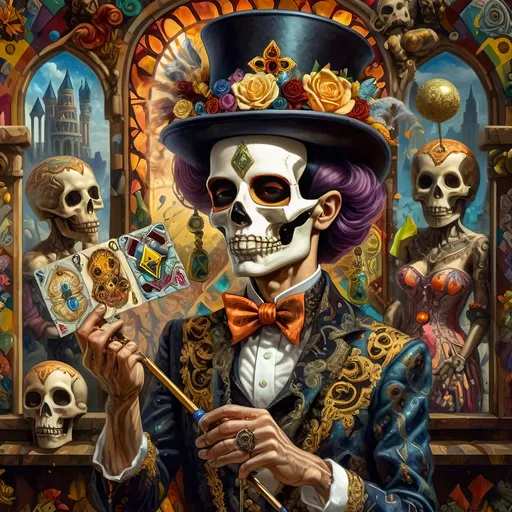 Prompt: (A psychedelic oil painting) of a magician, (a man with a top hat and cane), vivid color palette, enchanting scene, intricate stained glass window behind him, whimsical patterns, surreal atmosphere, mystic aura, high contrast lighting, art reflecting the imaginative essence of seven wonders, (ultra-detailed), captivating and dreamlike ambiance.