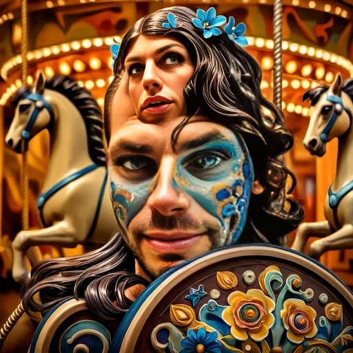 Prompt: (woman riding a carousel), vibrant blue flowers in her hair, magical atmosphere, (Dirk Crabeth style), whimsical charm, (pop surrealism), captivating colors, ultra-detailed digital painting, enchanting horses uniquely designed, (dreamy ambiance), soft lighting creating a magical glow, accompanied by abstract swirling patterns in the background, (HD).