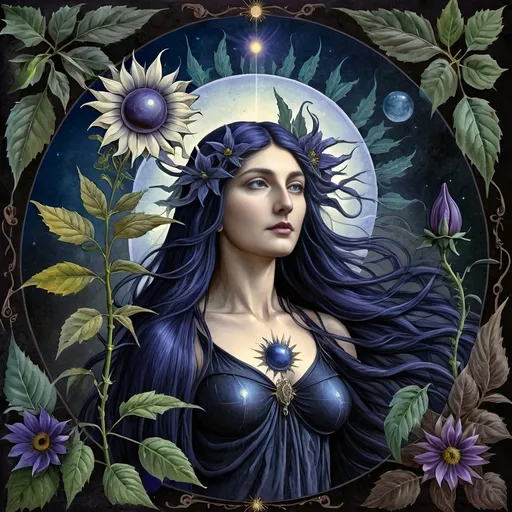 Prompt: a 7 Wonders Art Glass Studio Renaissance Period Art oil painting of a woman goddess (honoring the Goddess Nuit) with long hair and a sun (her companion) in the background, surrounded by flowers and leaves, Amanda Sage, fantasy art, autumn, a fine art painting