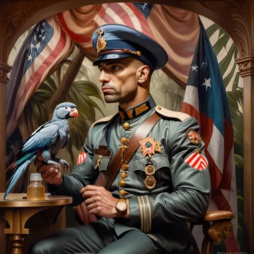 Prompt: (A highly detailed oil painting) of a man holding a parrot on his hand and a bottle in the other, set against a lush tropical background, (Qajar art influence), inspired by Alex Horley-Orlandelli, vibrant colors, fine art masterpiece, intricate textures, honoring Nuit's essence, warm lighting, sophisticated artistic ambiance, evoking a sense of wonder and beauty.