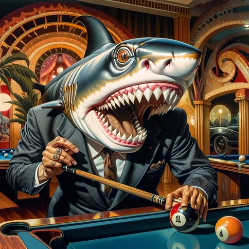 Prompt: a shark in a suit playing pool with a pool cueil and a pool ball in front of him, F. Scott Hess, pop surrealism, classical painting, a fine art painting y 7 Wonders Art Glass Studio honoring Nuit