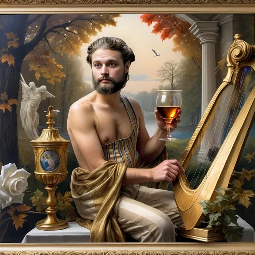 Prompt: (Seven Wonders Art Glass Studio), oil painting, (honoring Nuit), a man with a beard, holding a harp, glass of wine, golden cup beside him, (Ditlev Blunck), neoclassicism, classical painting, Flemish Baroque style, high detail, rich colors, warm glowing light, serene atmosphere, capturing tradition and reverence, elegant background with ethereal elements, ultra-detailed composition, masterful artistry.