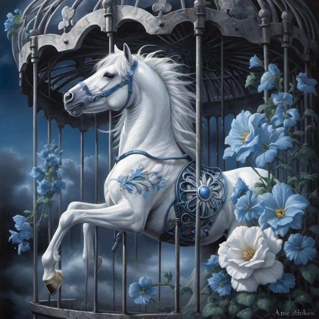 Prompt: a white horse is standing in a cage with a flower in it's mouth and a blue sky behind it, Anne Stokes, fantasy art, fantasy artwork, an airbrush painting