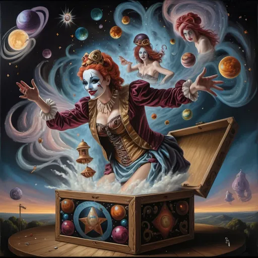 Prompt: (Renaissance oil painting), a stunning masterpiece capturing the essence of the Goddess Nuit, a whimsical Jack-in-the-Box emerging in ornate attire, sewing the seeds of the universe, planets swirling around, vibrant cosmic colors illuminating the canvas, intricate details, rich textures, playful yet profound ambiance, 4K ultra-detailed, an extraordinary blend of mythology and creativity celebrating the act of creation in a mystical setting.