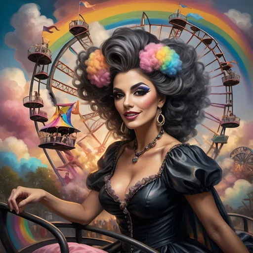 Prompt: (honoring nuit), a mesmerizing painting of colorful drag queens exuding joy and fabulousness while riding a roller coaster, vibrant (rainbow) painted on the side, a whimsical ferris wheel creating a festive atmosphere in the background, whimsical cotton candy clouds, (dynamic movement), warm pastel colors enhancing the lively scene, ultra-detailed, high-quality artwork capturing a celebratory ambiance.