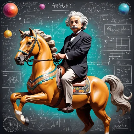 Prompt: (art movement: Art Deco), vibrant color scheme, (Carousel of Science), highly detailed digital painting, statue-like Albert Einstein, gracefully posed on a (majestic horse), a mysterious (chalkboard) filled with equations and sketches in the background, (ultrafine details), playful yet thoughtful atmosphere, intricate geometric patterns, rich textures, 4K quality, striking composition, dynamic blending of colors, creative expression through scientific wonder.