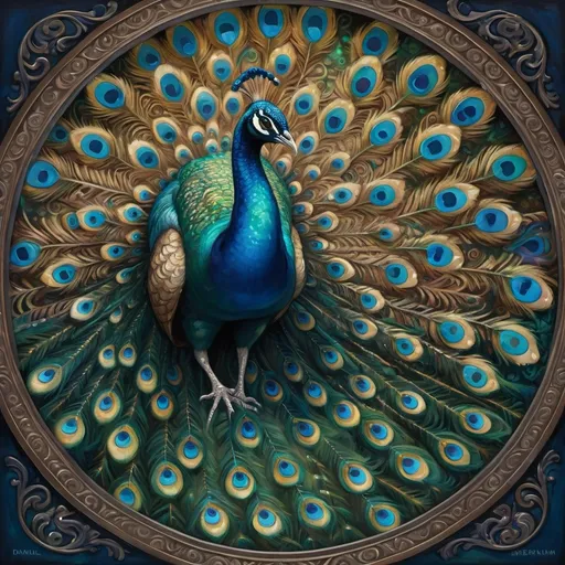 Prompt: (fantasy art) detailed painting of a vibrant peacock with striking blue eyes and iridescent feathers displayed beautifully on its back, creatively juxtaposed with a large, ornate wheel in the foreground, (intricate patterns) dark and moody ambiance, rich color palette with deep blues and emerald greens, (highly detailed) inspired by Daniel Merriam’s style, atmospheric and whimsical, captivating surrealism.