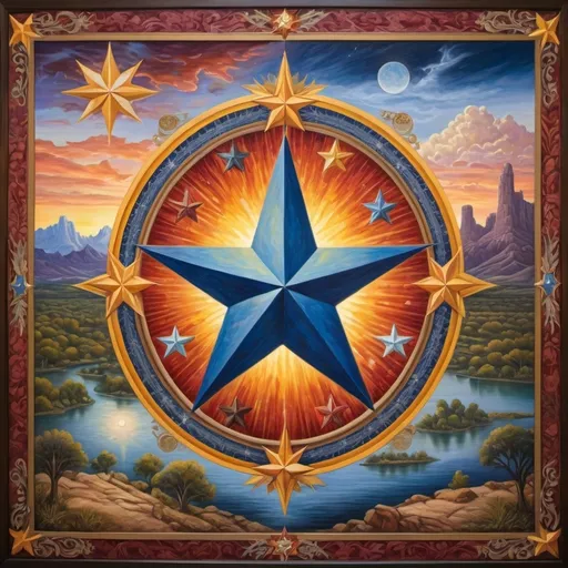 Prompt: (detailed oil painting) a radiant star at the center, surrounded by intricate representations of Texas landscapes and iconic state symbols, harmoniously integrated into a map design, (Evelyn De Morgan inspired) vivid colors, rich textures, highly detailed, showcasing regionalism, capturing the essence of Texas, artful composition, historical richness, and cultural significance, ultra-detailed, vibrant hues, breathtaking atmospheres.