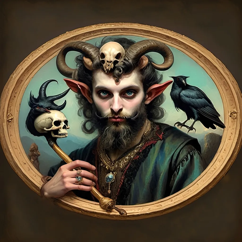 Prompt: pastel color scheme, a (man magician satyr) with (horns), holding a (skull) in one hand, a (crow perched on his shoulder), elegant pose, stylized cane topped with a (skull orb)