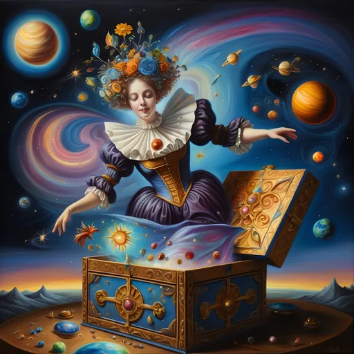 Prompt: a 7 Wonders Art Glass Studio masterpiece oil painting honoring the Goddess Nuit of a Jack-in-the-Box in a Renaissance attire coming out of the box with a box and sewing the seeds of the universe including planets painting