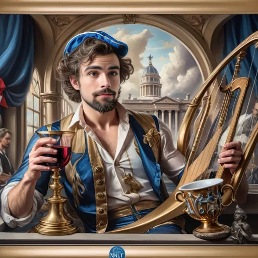 Prompt: Honoring Nuit, this is a Seven Wonders Art Glass Studio oil painting of a man with a beard holding a harp and a cup of wine next to a golden cup, Ditlev Blunck, neoclassicism, classical painting, a flemish Baroque.  Printing captures a mortal honoring the God Pan.