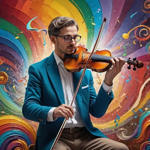 Prompt: (Hearing in Color), art deco style, vibrant color scheme, (complex rainbow swirl) background, painting of a man playing violin, intricate items surrounding him, (renaissance still life) elements, (music flowing as a rainbow), dynamic movement, mixing visual art with sound, hyper-detailed, rich textures, cinematic ambiance, enchanting atmosphere, (4K ultra-detailed quality), colorful symphony of sight and sound.