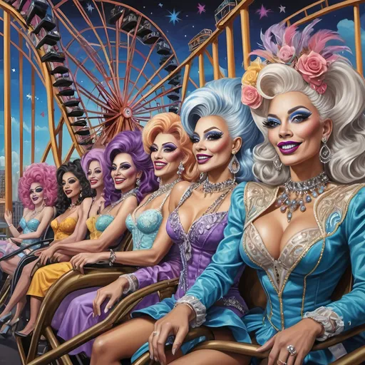 Prompt: (A stunning oil masterpiece) of a group of drag queens in (fancy clothing), joyfully riding the Nation’s New drag queen roller coaster in Liberty Park, vibrant colors and dazzling details, dramatic expressions of excitement, adorned with shimmering accessories, against a whimsical background filled with a Ferris Wheel of Drag Queens, honoring Nuit, surrounded by local attractions, (highly detailed, ultra-realistic).