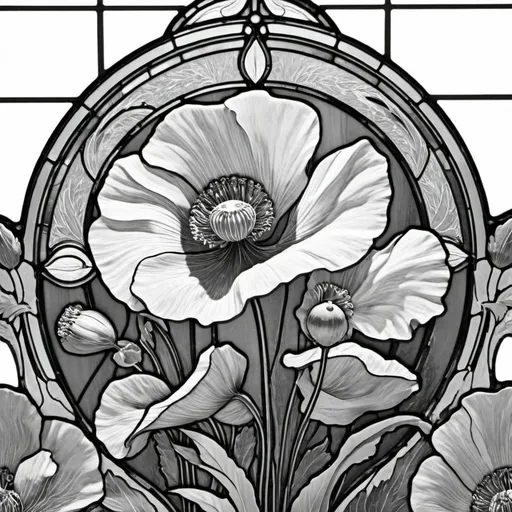 Prompt: A Seven Wonders Art Glass Studio Art Nouveau designed stained glass window with poppy flowers and a line drawing of flowers in the middle, Alfonse Mucha, art nouveau, line art, lineart.  (Honoring the Aeon of Horus).