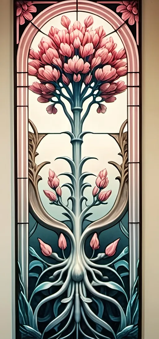 Prompt: Art Deco stained glass window design, (stunning floral patterns), honoring Nuit and Aeon of Horus, vibrant colors blending into delicate imagery, intricate details in glass texture, inspired by the elegance of Art Deco style, (highly detailed), warm ambient light filtering through glass, showcasing the beauty of craftsmanship, 4K quality, perfect for a serene art studio atmosphere.