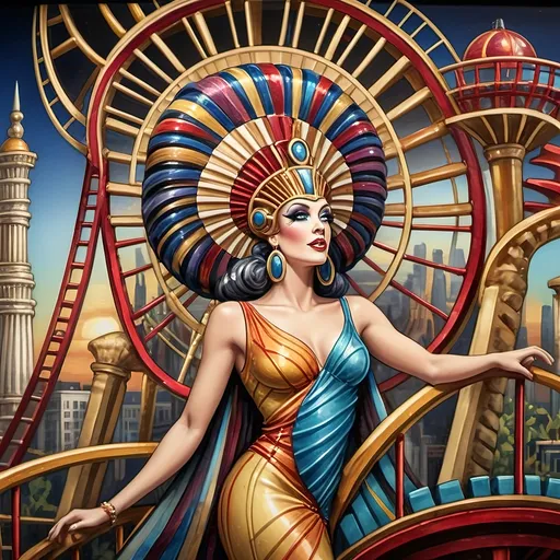 Prompt: (A Seven Wonders Art Glass Studio oil masterpiece) Art Deco style, vibrant color scheme, a lively group of drag queens in extravagant clothing, ascending a fantastical roller coaster in Liberty Park, joyful expressions, others on a colorful Ferris wheel, overlooking local attractions, honoring Nuit, dynamic composition, rich details, luxurious textures, atmospheric vibrant lighting, ultra-detailed, celebratory ambiance.