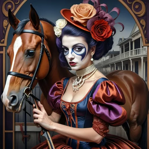 Prompt: A Seven Wonders Art Glass Studio portrait painting of a horse jockey and his horse at the Kentucky Derby.  Renaissance period with Art Deco style attire and style.   a painting honoring Nuit in colors of azure, gold, and purples.