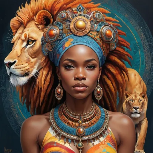 Prompt: (Chinwe Chukwuogo-Roy inspired), highly detailed digital painting, afrofuturism elements, a woman wearing an ornate headpiece, a majestic lion juxtaposed with her face, vibrant colors blending harmoniously, intricate patterns in the background, a detailed map of Africa framed behind, ethereal ambiance, captivating and symbolic, ultra-detailed, fine art masterpiece, evocative and sophisticated atmosphere.