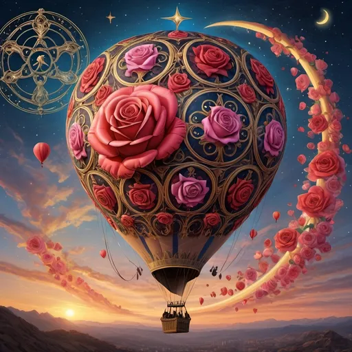 Prompt: (Renaissance artstyle) (Balloons of Humanity) (Aeon of Horus), a vibrant, intricately designed hot air balloon adorned with roses, symbolizing humanity's love and kindness, floating gracefully in a clear sky, surrounded by a shimmering crescent moon and a distant star, (fantasy art) (highly detailed digital painting), mesmerizing colors, emotive atmosphere, stunning artistic depth, harmonious and serene background, ultra-detailed.