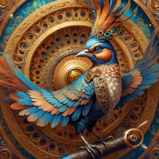 Prompt: a painting of a colorful bird with a circular background and a gold ring around it's neck and a blue eye, Android Jones, psychedelic art, highly detailed digital painting, a detailed painting