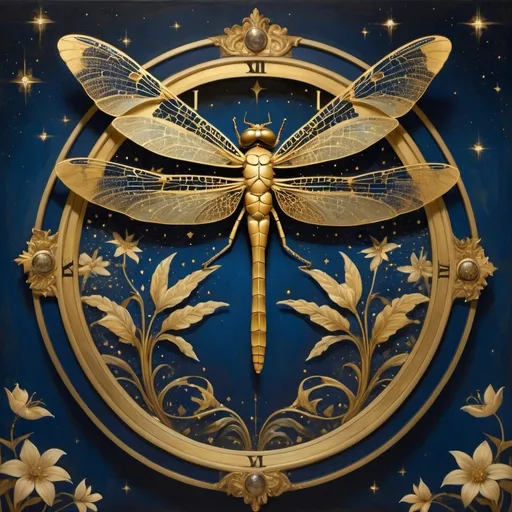 Prompt: (art nouveau style), dragonfly perched gracefully atop a golden clock, intricate detailing, (Brad Kunkle influence), surrounded by shimmering stars, a radiant star at the center, rich golds and deep blues enhancing the celestial theme, blending Egyptian art elements, dreamlike and whimsical atmosphere, highly detailed, (masterpiece) quality, evoking a sense of wonder and magic.