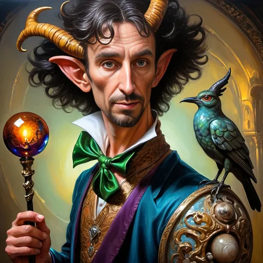 Prompt: (A fine art oil painting) by Seven Wonders Art Glass Studio, (magician man) with a (horned head), (bird on his shoulder), holding a cane and a glowing ball, inspired by Clint Cearley, (fantasy art), rich colors, intricate details, dramatic lighting, mystical atmosphere, character portrait emphasizing the essence of Pan and Nuit, ultra-detailed, vibrant background reflecting magical elements, imaginative and enchanting setting.