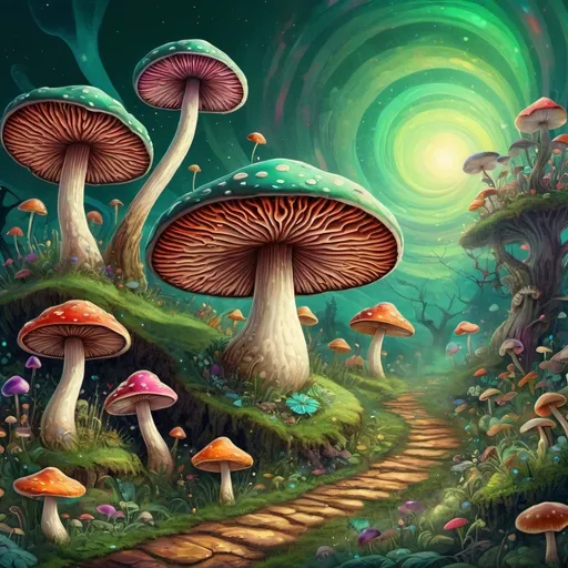 Prompt: (mushroom), (psychedelic art), swirling colors, whimsical elements floating in the sky, vibrant multicolor motifs and patterns, fantasy landscape, detailed ground textures with various flora, surreal atmosphere, dreamlike quality, digital art, ethereal glow, enchanting scene, (Art Green), captivating colors, intricate details, high definition, imaginative design.