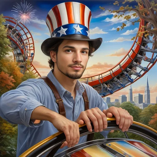 Prompt: A masterpiece painting by A Seven Wonders Art Glass Studio, (vibrant colors), depicting a man in a (patriotic hat) riding the (Freedom rollercoaster) in D.C.’s (new amusement park) named Freedom Park. The background features (dynamic amusement park rides), (lush greenery), and the spirit of (freedom) runs throughout. A symbolic homage to Nuit, with a (breathtaking sky) above, featuring (warm light) detailing and a victorious atmosphere, encapsulated in (ultra-detailed) art.