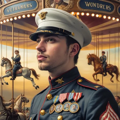 Prompt: A Seven Wonders Art Glass Studio oil renaissance painting of a man in military uniform riding on Carousel of Heroes.  Honors veterans and those serving in U.S. Military.  Honoring Nuit.  