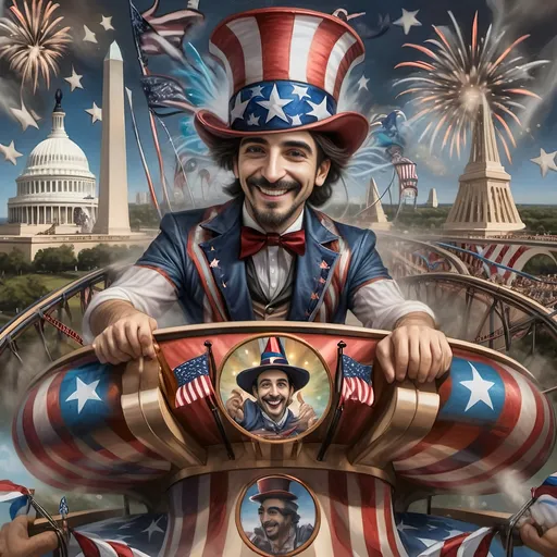 Prompt: A Seven Wonders Art Glass Studio painting of a magician man in a patriotic top hat riding rollercoaster in Liberty Park that says “Yankee Doodle” with a washington monument in the background (Honoring Nuit and the Aeon of Horus).