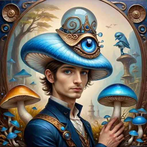 Prompt: (7 Wonders Art Glass Studio masterpiece oil painting), a magical mushroom, blue shell, blue eye (Eye of Horus), enchanting atmosphere, vibrant colors, surreal details, whimsical elements, mystical background, soft lighting, HD resolution, captivating composition, dreamlike surroundings, colorful expression, intricate textures, nature-inspired themes, rich artistic depth, alive with creativity.