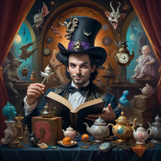 Prompt: (vibrant psychedelic still life), portrait of a magician jack-in-the-box man, surrounded by whimsical teapots and enchanting magical items, coming to life, playful ambiance, lively colors, an open book in front of him, surrealistic elements, dreamlike atmosphere, richly detailed background, (spectacular color gradients), ultra-detailed, eye-catching composition, high-quality artwork.