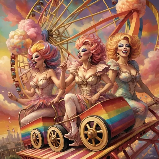 Prompt: (honoring nuit), a mesmerizing painting of colorful drag queens exuding joy and fabulousness while riding a roller coaster, vibrant (rainbow) painted on the side, a whimsical ferris wheel creating a festive atmosphere in the background, whimsical cotton candy clouds, (dynamic movement), warm pastel colors enhancing the lively scene, ultra-detailed, high-quality artwork capturing a celebratory ambiance.