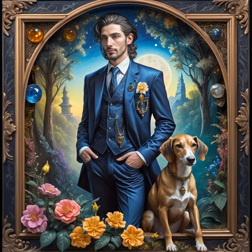 Prompt: a 7 Wonders Art Glass Studio Renaissance portrait painting of a half man, half goat, in a suit and tie with a dog in a frame with flowers and forest.  Esoteric Pan’s Arcadia setting honoring Nuit.