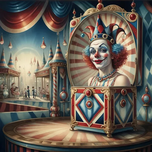 Prompt: A Seven Wonders Art Glass Studio Art Deco painting of a carnival with a magical whimsical clown in a music box at a freak show carnival on a stage with other freak-show magicians.   Dedicated to Nuit.