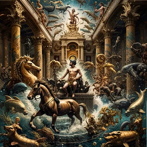 Prompt: Art Deco style painting, vibrant color scheme, (Court of Neptune, Library of Congress), a man riding a horse in water surrounded by various animals, majestic building in the background, inspired by Carel Willink, neoclassicism influences, cinematic matte painting, ultra-detailed, harmonizing warm and cool tones, ethereal atmosphere, striking contrasts, dynamic composition, whimsical yet majestic mood.