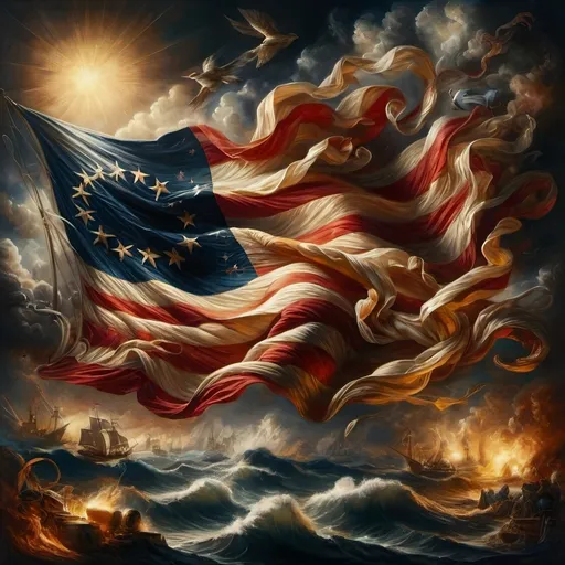 Prompt: (oil painting), (highly detailed), an American flag flying boldly, a boat gently rocking in the waves, an ocean brimming with vibrant colors, a bird soaring gracefully above, a distant ship on the horizon, capturing a classic American scene, by Anne Stokes, invoking a sense of freedom and adventure, ultra-detailed, artistic masterpiece.