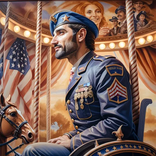 Prompt: (A Seven Wonders Art Glass Studio), oil renaissance painting, (vibrant colors), a man in military uniform, proudly riding on a Carousel of Heroes, surrounded by gracefully carved horses, soft, glowing ambiance, honoring veterans and those serving in the U.S. Military, warm golden lighting, intricate details in the uniform, carousel with richly adorned decorations, respectful atmosphere, high quality, ultra-detailed.