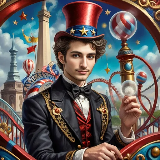 Prompt: (Acrylic painting of a magician man), wearing a (patriotic top hat), joyfully riding a (whimsical rollercoaster) in Liberty Park, with (HD details), vibrant colors, and enchanting motifs. The scene features the (Washington Monument) in the background, as well as the phrase (accurately spelled text "Yankee Doodle"). An aura of celebration and magic surrounds the image, honoring Nuit and the Aeon of Horus.