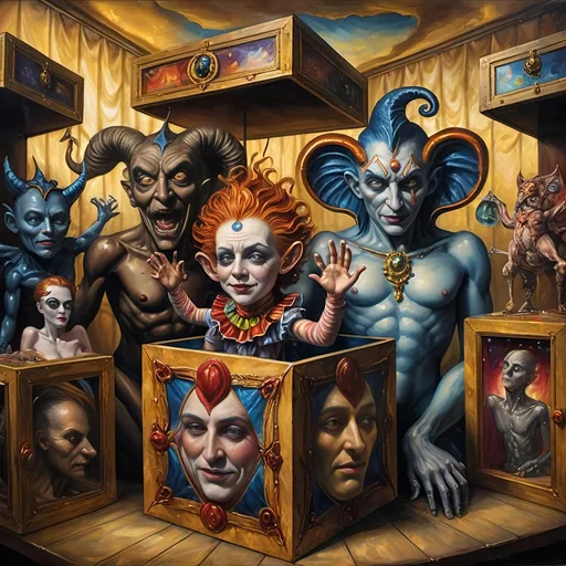 Prompt: (7 Wonders Art Glass Studio), (oil painting), demons as jack-in-the-boxes, circus setting, (highly detailed), (ultra-fine details), esoteric ambiance, dark and mysterious atmosphere, surreal colors, intricate textures, curiosity sparks, vivid contrasting shadows, ethereal lighting, artistically whimsical exhibits, hauntingly beautiful, capturing the essence of Nuit.