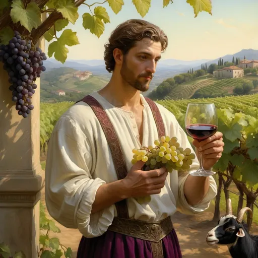 Prompt: (artstyle-renaissance) painting of a man holding (grapes) and a (goat), with a (wine glass) in his hand, (vineyard) in the background, by (Donato Giancola), (figurative art), (highly detailed) digital painting, (photorealistic painting), (God Pan) in (Arcadia), warm tones, lush greenery, serene atmosphere, soft light highlighting features, ultra-detailed, realistic textures in foliage and clothing.