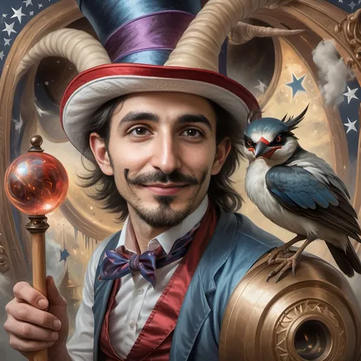 Prompt: A (captivating) oil painting depicting a (mysterious magician) with a (horned head), a (bird perched gracefully on his shoulder), holding a (beautifully crafted cane) and an (orb in his hand), beautifully capturing themes of (fantasy) and (transformation). Character portrait-style, influenced by (Clint Cearley's) signature artistry, with ethereal hues and (vivid detailing) honoring the legendary figures of (Pan and Nuit), set against a dreamy, (surreal background) that evokes wonder.