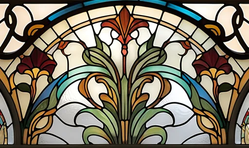 Prompt: Art Nouveau stained glass window pattern, (intricate design), flowing organic shapes, (vibrant colors), floral motifs, elegant curves, harmonious composition, (rich textures), capturing light, (highly detailed), set against a soft glow, evoking a sense of harmony and nostalgia, intricate outlining emphasizing the ornate elements, ultra-detailed craftsmanship.